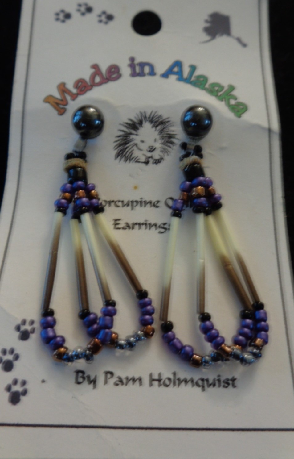 Porcupine quill earrings, blue beads