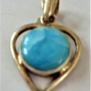 Pendant, sterling heart set with round larimar stone