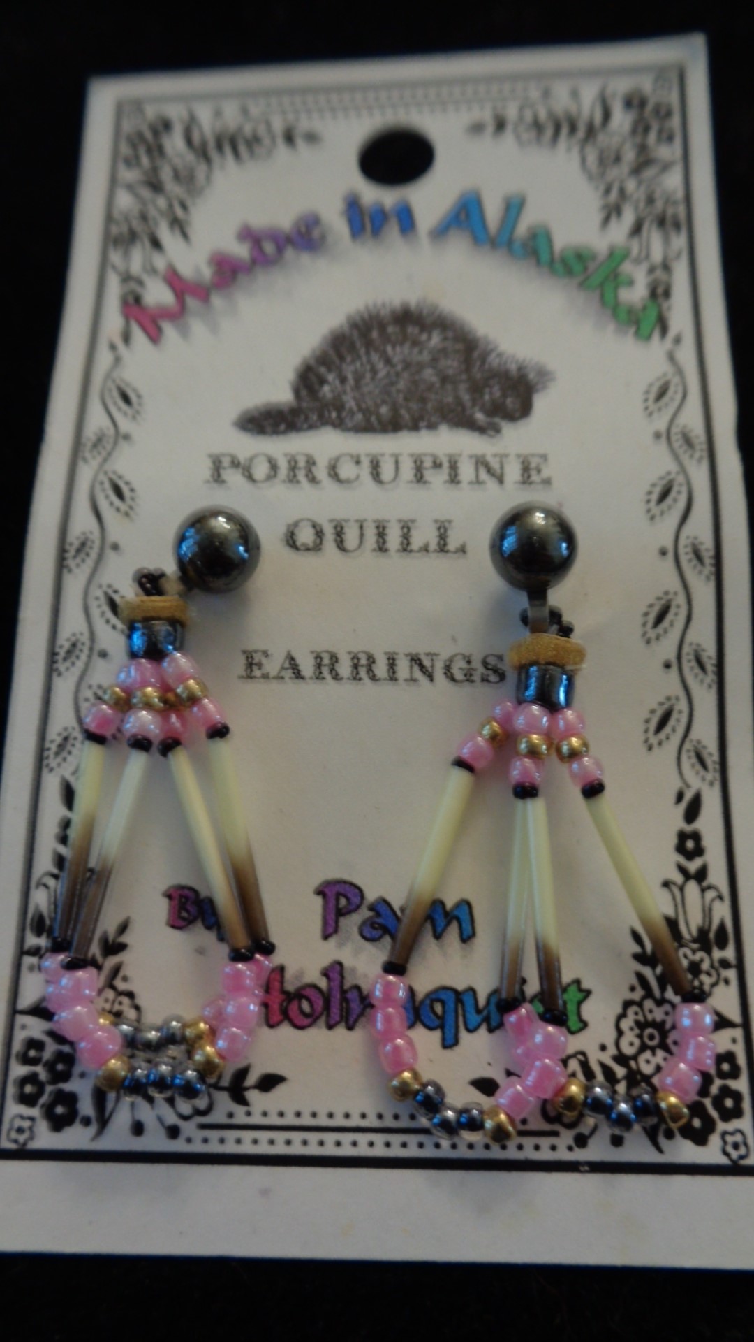 Earrings, porcupine quill & pink beads