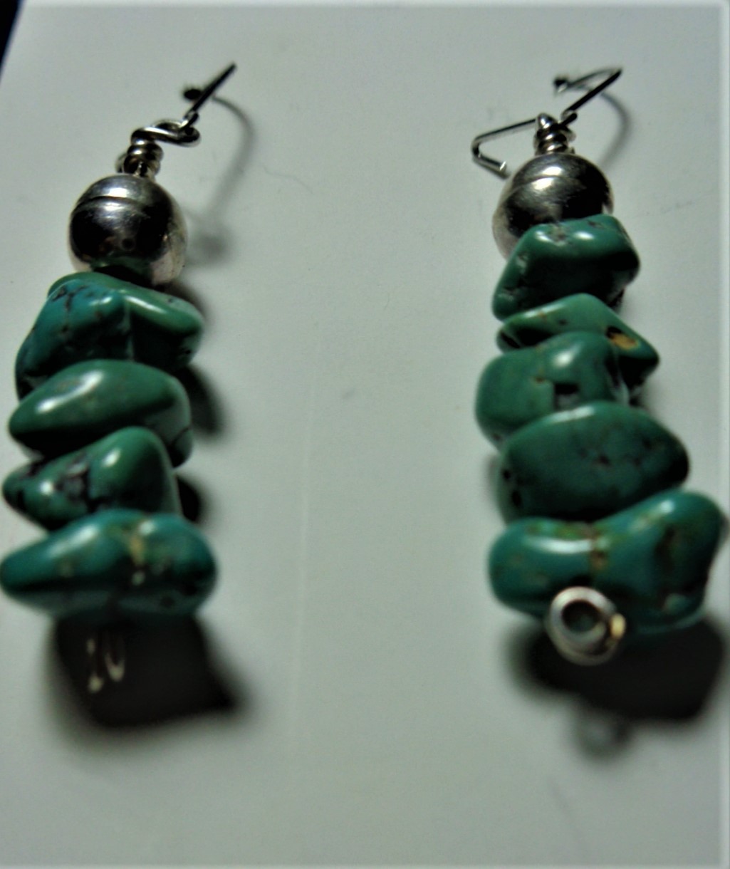 Earrings, green turquoise nuggets