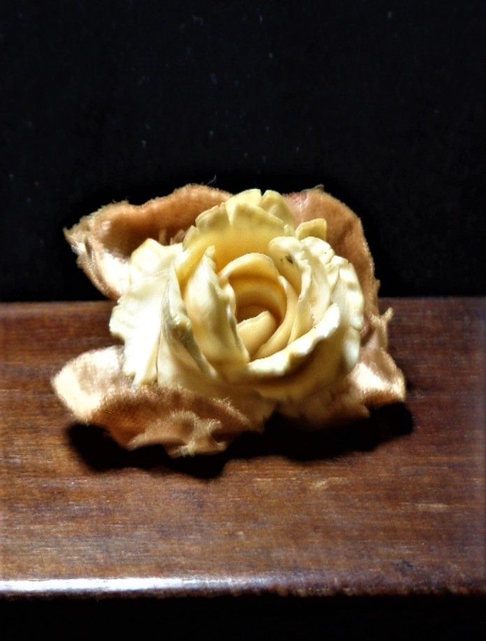 Celluloid rose, velvet leaves