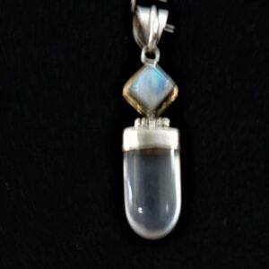 Flat quartz pendant, rainbow moonstone