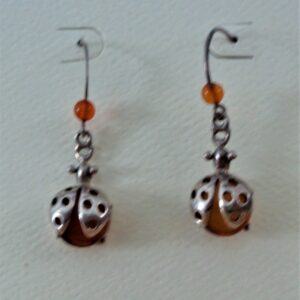 Amber & silver ladybug earrings
