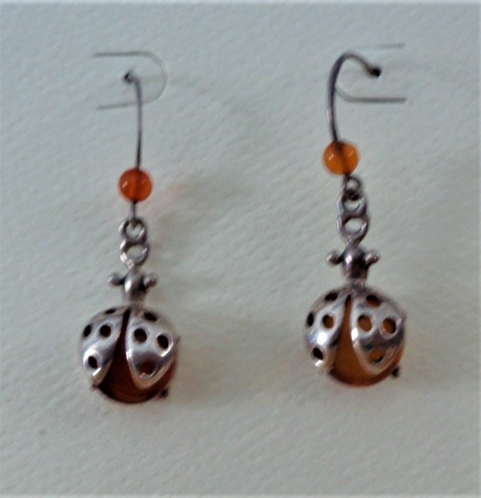 Amber & silver ladybug earrings
